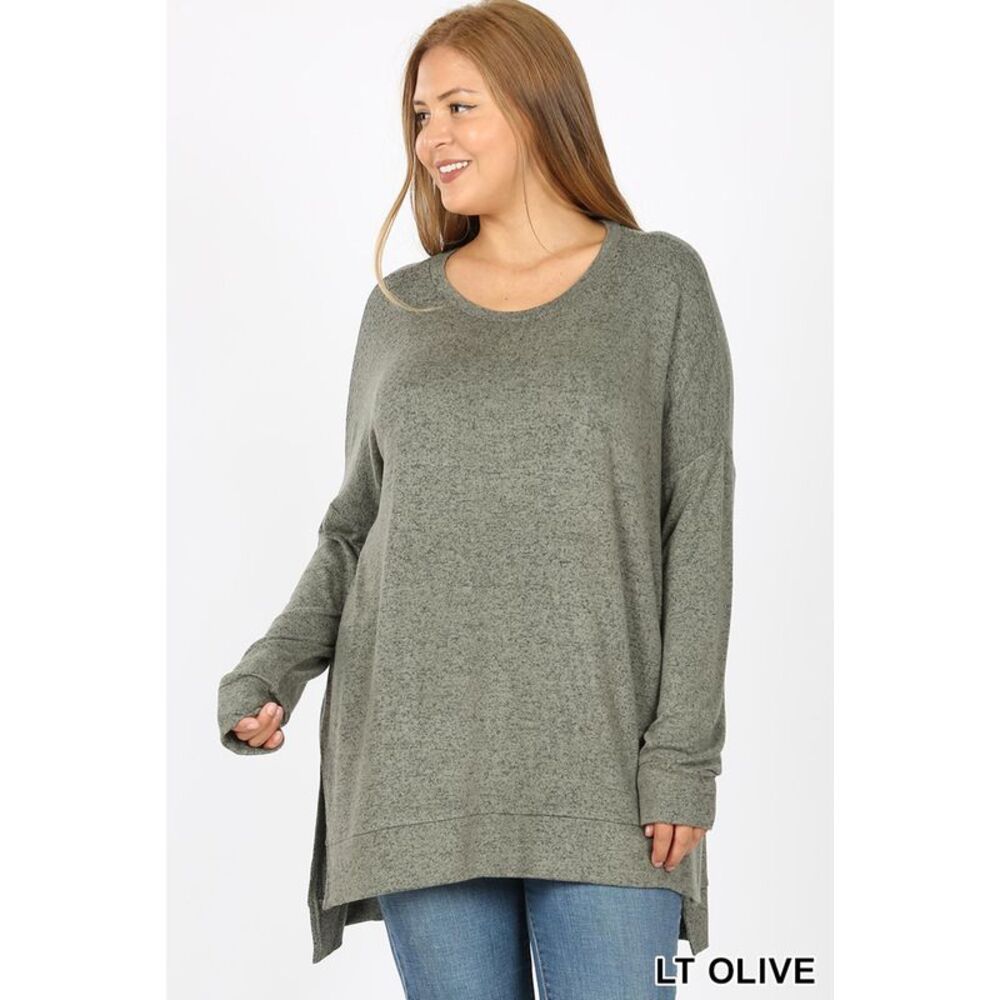 World of Leggings Brushed Melange Round Neck HI-LOW Plus Size Top